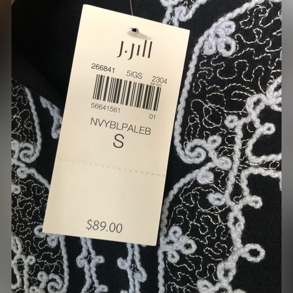 NEW J Jill Navy Blue Embroidered Split Neckline Bell 3/4” Sleeve Modal Tunic Top - Picture 6 of 8